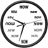 A clock with no numbers, just the word "now" at every hour.