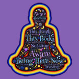 drawn figure of a meditator with words like "This body" "Aware" "Be here now" written in it.