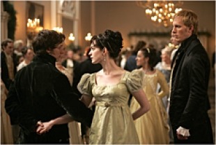 James McAvoy as Tom Lefroy, Anne Hathaway as Jane, and Laurence Fox as Mr. Wisley