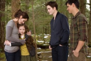 Kristen Stewart as Bella, Mackenzie Foy as  Renesmee, Robert Pattinson as Edward and Taylor Lautner as Jacob