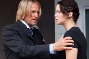 Woody Harrelson as Haymitch and Jennifer Lawrence as Katniss