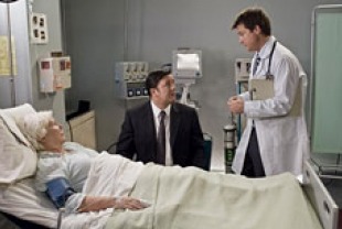 Fionnula Flanagan as Mark's mother, Ricky Gervais as Mark, and Jason Bateman as Doctor