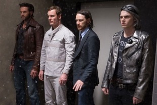 Hugh Jackman as Wolverine , Michael Fassbender as Magneto, Evan Peters as Quicksilver, and James McAvoy as Charles Xavier