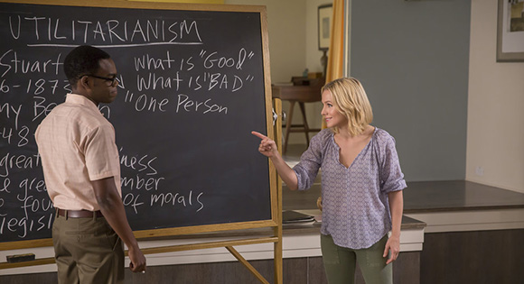 Chidi teaches Eleanor about philosophy and ethics.