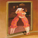 Painting of a woman bending through a mirror, embracing herself.