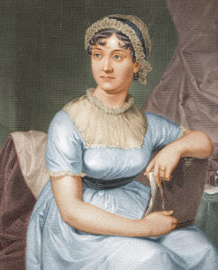 portrait of Jane Austen in a blue dress, sitting on a chair