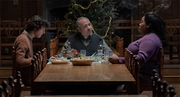 Dominic Sessa as Angus, Paul Giamatti as Hunham, and Da'Vine Joy Randolph as Mary Lamb