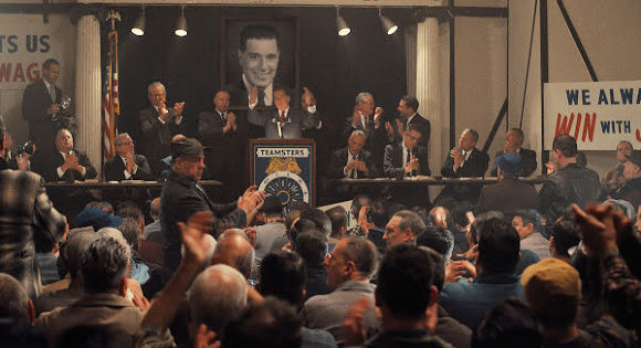 Al Pacino as Jimmy Hoffa in a Teamster meeting in The Irishman