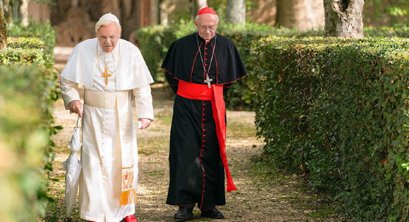 The two popes (Anthony Hopkins as PopeBenedict and Jonathan Pryce as Cardinal Bergoglio) debate doctrine at the Pope's summer house.