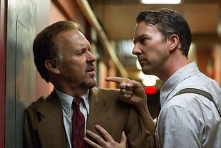 Michael Keaton as Riggan and Edward Norton as Mike