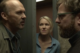 Michael Keaton as Riggan, Naomi Watts as Lesley and Zak Galifianakis as Jake