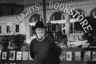 Lawrence Ferlinghetti in front of his book store in San Francisco
