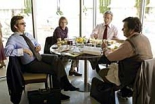 Michael Sheen as David Frost, Sam Rockwell as James Reston, Matthew Macfadyen as John Birt, and Oliver Platt as Bob Zelnick