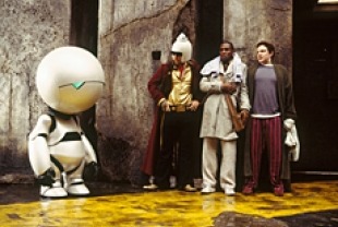 Marvin the Paranoid Android, Zaphod Beeeblebrox, Ford Prefect, and Arthur Dent