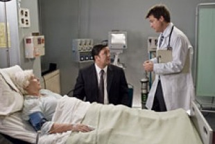 Fionnula Flanagan as Mark's mother, Ricky Gervais as Mark, and Jason Bateman as Doctor