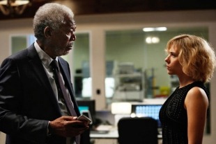 Morgan Freeman as Professor Norman and Scarlett Johansson as Lucy