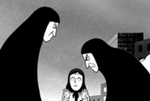 Marjane outwitting two guardians of the revolution who are harassing her for dressing punk