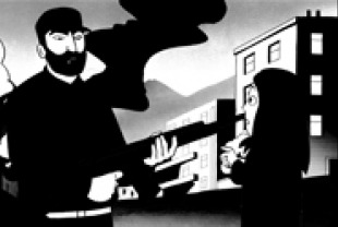 Marjane explaining to a guardian of the revolution that she lives right near where a bomb fell and that he needs to let her by