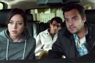 Aubrey Plaza as Darius, Karan Soni as Arnau and Jake Washington as Jeff 
