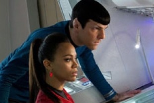 Zoe Saldana stars as Uhura and Zachary Quinto stars as Spock